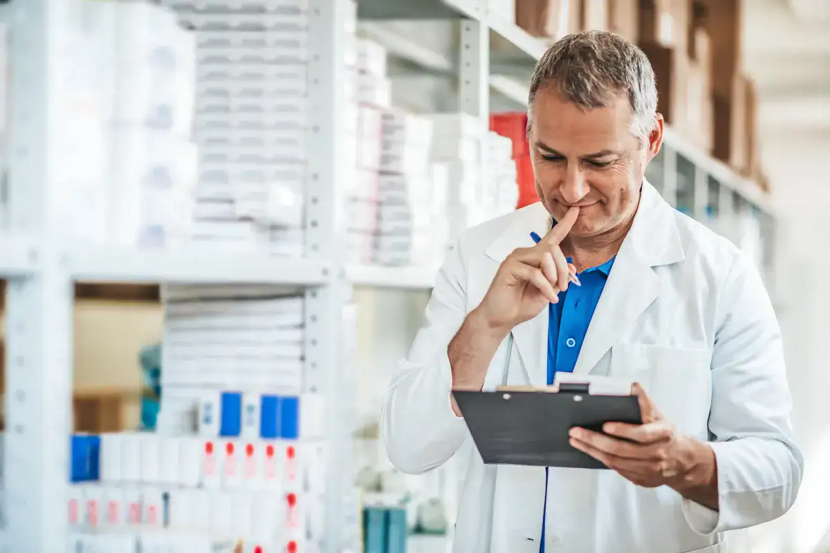 Farmacista che controlla degli appunti su una tavoletta portablocco in farmacia